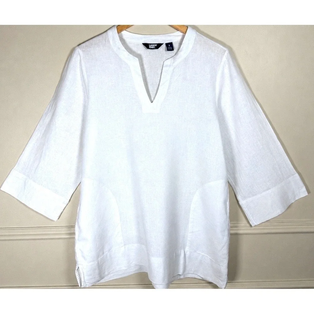 Lands' End White Linen Blend Split Neck Tunic Blouse S Coastal Resort Minimalist